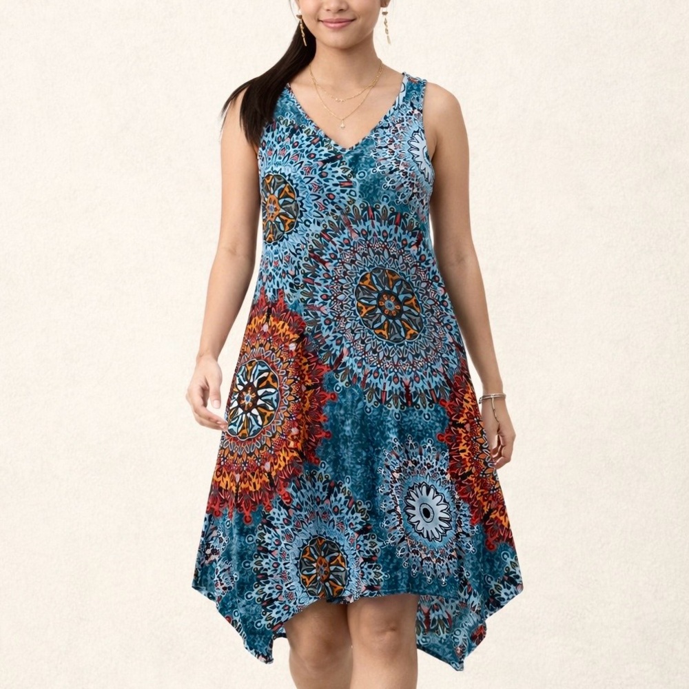 Sleeveless Boho Dress Mandala Print Soft Stretchy Size M 🚨